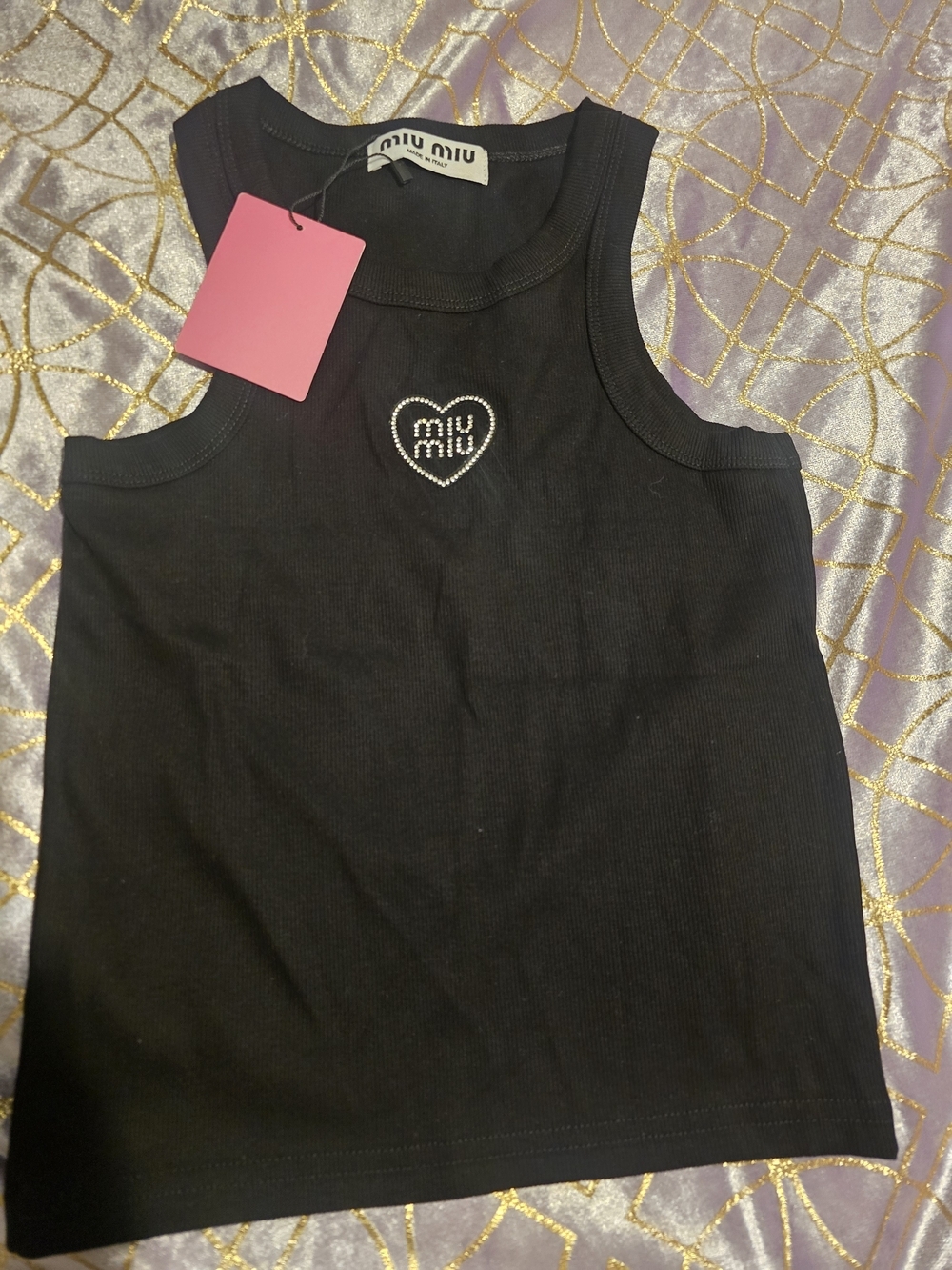 Miu Miu Black Ribbed Tank with Crystal Heart Logo